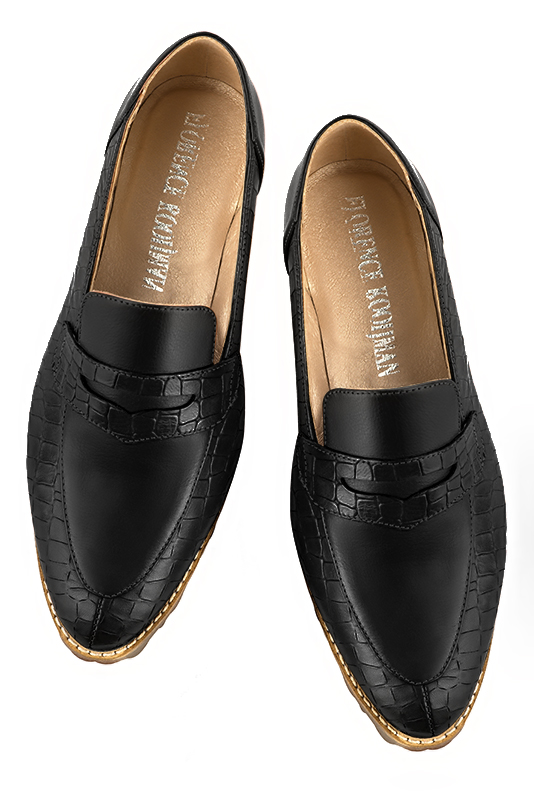 Satin black women's casual loafers. Round toe. Flat rubber soles. Top view - Florence KOOIJMAN